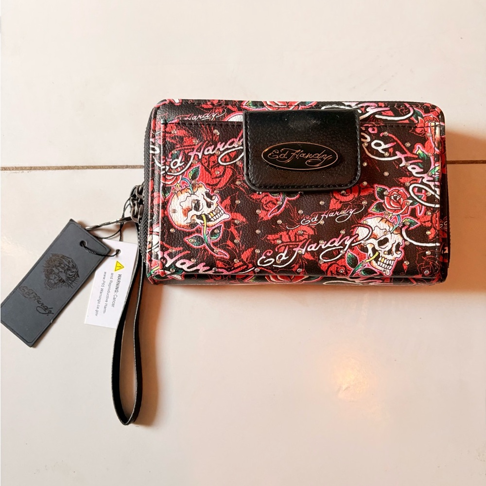 Ed Hardy Black Wristlet Wallet with Red Rose & Skull Print
